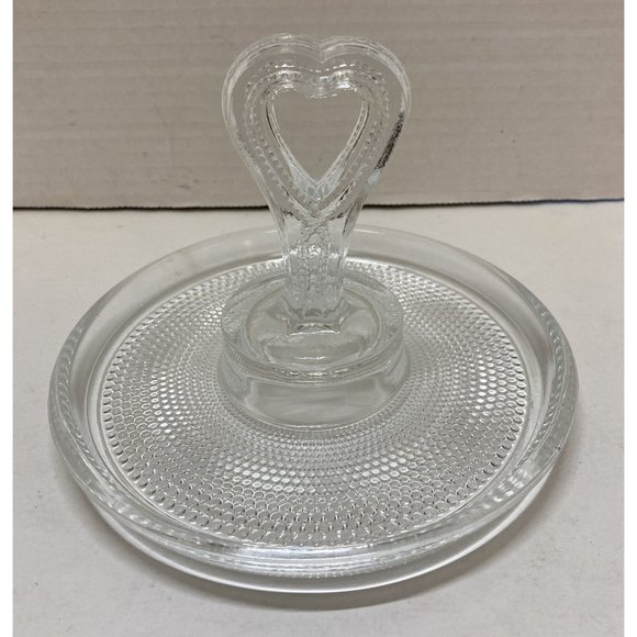 Vintage Clear Glass Candy Dish 6" Round Heart Handle Textured Tray Elegant - Picture 1 of 3